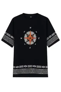 Unisex Oversized T-Shirt – Black Round Neck Half Sleeve with Compass & Tribal Print