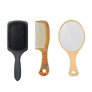 FEELHIGH 3 Combo Set Of Hair Comb,Mirror And Paddle Hair Brush with flexible Nylon bristles having Anti static ball tips For Grooming, Detangling Hair, ideal for Men, Women & Kids (light orange)