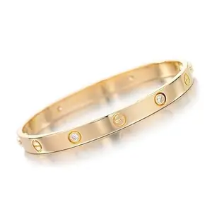 PDY FASHION Stainless Steel Toned Love Band Bracelet Anti-Tarnish, Cubic Zirconia Studded Bangle Kada Elegant Gold-Toned Crystal Bangle Bracelet, Classic Women's Fashion Jewellery Valentine's Gift for Girlfriend Wife