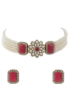 Anuradha PLUS® Pink Colour Designer Choker Necklace Set With Earrings Combo Set | Kundan & Pearls Beads Styled Traditional Set | Gold Plated Necklace Set