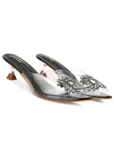 JM LOOKS Women's Kitten Heel Sandal Transparent Upper Embellished Rhinestone Pointed Peep Toe Sandal - Black