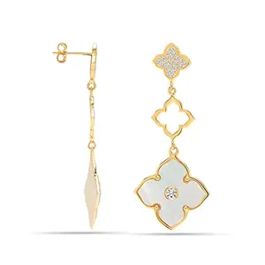 LeCalla 925 Sterling Silver BIS Hallmarked Gold Plated Mother of Pearl with CZ Three Clover Flower Drop Dangle Earrings for Women and Girls
