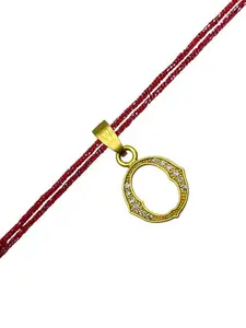 Digital Dress Room O Letter Gold Plated AD Initial Name Maroon Thread Rakhi Lumba for Raksha Bandhan Festival | Rakhee Celebration Bracelet Online for Bhaiya, Bhabhi, Brother, Sister In law