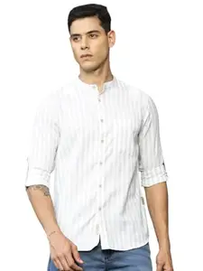 Thomas Scott Men Band Collar Full Sleeves Stripes Slim Fit Casual Shirt (Pista, M)