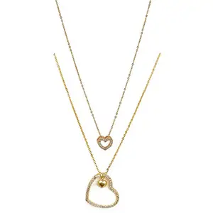 Brado Jewellery Gold Plated White American Diamond Heart Shape Pendant Chain Combo Of 2 Necklace Golden Chain Pendant for Women and Girls