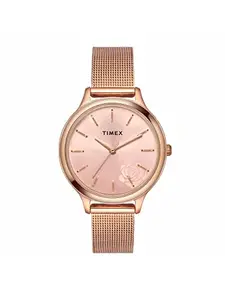TIMEX Women Stainless Steel Classics Collection 3 Hands Analogue Pink Dial Coloured Quartz Watch, Round Dial With 34Mm Case Width - Twtl12102, Band Color-Rose Gold