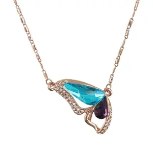 University Trendz Gold-Plated Blue Crystal Butterfly Pendant Necklace for Women & Girls