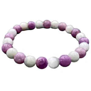 LKBEADS Kunzite & Selenite Bracelet, Natural Beaded Healing Bracelet, Energy Crystal Jewelry, Chakra Balance, Meaningful Gift|8mm Round|Smooth|Pink & White|SRC_LI_000757