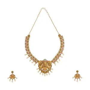 Kushal's Fashion Jewellery Ruby-Green Gold Plated Ethnic Antique Necklace Set - 418257