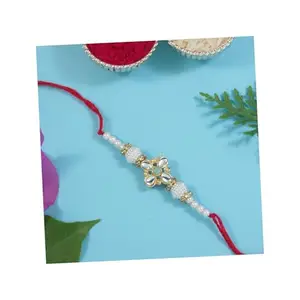 I Jewels Mens Kundan & Pearl Bhaiya Rakhi With Roli Chawal & Rakshabandhan Card For Bro/Brother/Bhai (R022-R)
