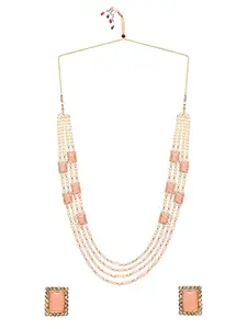 I Jewels Gold Plated Traditional Stone Studded Multi Strand Long Pearl Necklace Jewellery With Stud Earrings Set For Women/Girls (Pink)