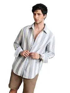 The Souled Store Stripe Shirt: Linear Blue Men and Boys Long Sleeve Spread Collar Light Blue and Off-White Striped Cotton Lightweight Easy to Style Everyday Office Wear Relaxed Shirt