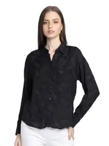 SHAYE Black Solid Spread Collar Full Sleeves Casual Shirts for Women