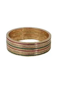 Traditional Gold-Plated Bangle with Green and Red Enamel Work, Multi-Layered Design (2.6)