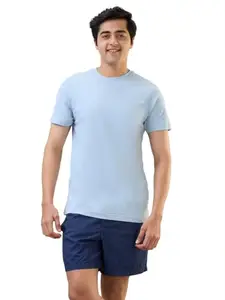 Raymond SleepZ Men Regular Fit Solid Pattern Pure Cotton Half Sleeve Round Neck T-Shirt Light Blue