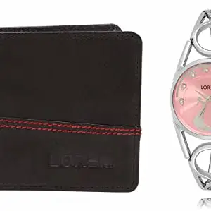 LOREM Brown Color Faux Leather Wallet & Pink Analog Watch Combo for Men & Women | WL07-LR233
