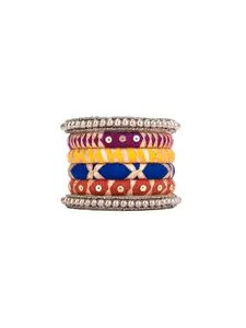Taasha Craft Multicoloured Gota Patti bangles with silver ghughroos A sparkling, traditional festive pick (Size: 2.12, Set of 6)
