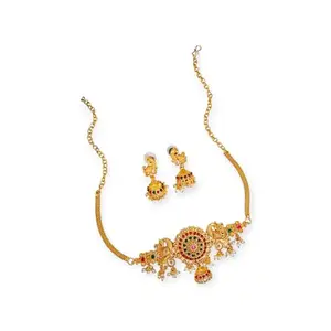 AREMBI-Fashion modern Design -Antique Traditional Necklace Jewellery Set-Traditional Temple Necklace Set for Women, Gold-Plated Stone-Studded Jewellery Set, Antique Design.
