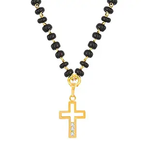 JFL - Jewellery for Less Fashion Mangalsutra Gold Plated Cross Pendant with Black Beaded Golden Chain,Valentine