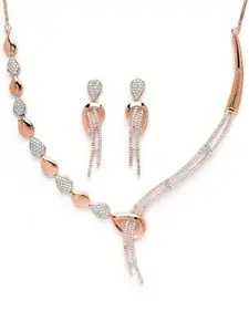 Karatcart Graceful Rose Gold Necklace Set with American Diamond Embellishments and Rhodium Finish