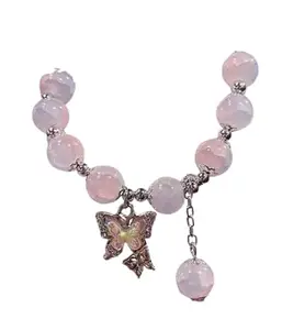 Wholesale Handmade Crystal Beaded Bracelet – Elegant Glass Beads with Butterfly Charm for Women & Girls, Adjustable Fashion Jewelry