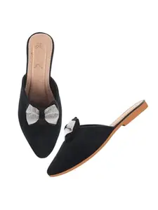 Shoetopia Embellished Black Flat Mules for Women & Girls-EU41