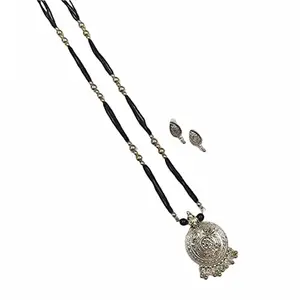 Swaroop Designer Silver Plated Black Beads 30 inch Long Oxidised Designer White Metal Women Mangalsutra-Peacock Round