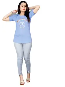 Gonza Women's Unique Smiley Design Printed Lycra Lightweight and Comfortable Casual Wear T-Shirt (S_0609_PastleBlue_XXL)
