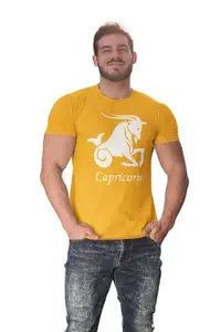 Bag It Deals Capricorn (BG White) Yellow Round Neck Cotton Half Sleeved T-Shirt with Printed Graphics