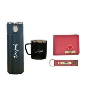 YOUR GIFT STUDIO Personalized Men's Leather Wallet and Keychain with Bottle and Mug | Customized Men's Combo with Name & Charm (Wine)