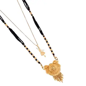 MALKYN Women's Gold-Plated Long Mangalsutra with a Detailed Circular Floral Pendant, Dangling Fringe, and an Adjustable Gold-Tone Charm Necklace for a Layered Look-MD-134
