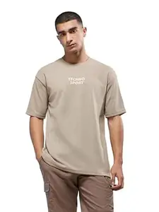 TECHNOSPORT Men Printed Oversized Round Neck T-Shirt with COTFLEX (Grey) Oversized T Shirt for Men Dry Fit Sports Tee for Him