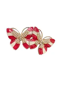 Pearl Butterfly Earrings, Red and White Enamel, Gold-Tone Metal