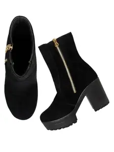 SELFIEE Classy Trendy Comfortable Ankel Length Block Heel Zipper Boots for Womens & Girls Black