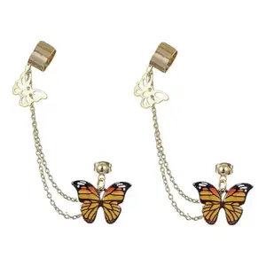 Via Mazzini Fashionable Gold Plated Hanging Majestic Monarch Butterfly With Chain Stud Cum Ear Cuff Earrings For Women And Girls (ER2614) 1 Pair