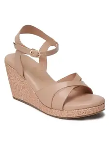 Bruno Manetti women's Peach Slip-on Golden Buckle Back Strap with Modern Design Round Toe Comfort Wedges Sandals