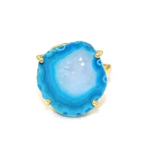 KHN Fashion Natural Petrol Blue Geode Druzy Gold Plated Prong Setting Adjustable Ring For Her