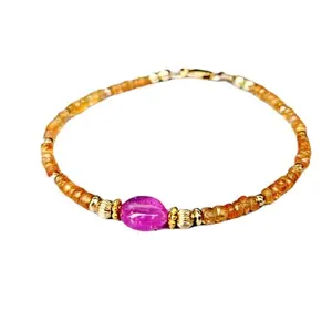LKBEADS Padparadscha & Pink Sapphire bracelet with Gold clasp - 3mm Tyre & Oval beads- Smooth Cut -7 Inch Adjustable Bracelet– Healing, Fashion, Gift, Spiritual, Yoga|LK_STACK_08304