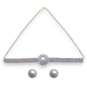 ACCESSHER Rhinestone Statement Choker Necklace with Central Imitation Pearl | Adjustable Chain Link with Earrings for Gift | Jewellery Set for Women & Girls (Design 2)
