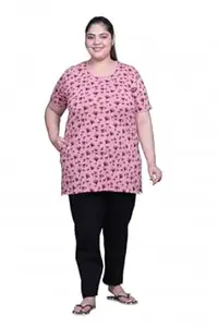 In Love Women's Cotton Plus Size Half Sleeves Semi Long All Over Printed Tshirt for Summers with One Side Pocket for Ladies L to 7XL