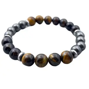 LKBEADS Hematite Onyx & Tiger's Eye Bracelet | Beaded Bracelet for Grounding And Protection | Gift for Him or Her|8mm Round|Smooth|Brown & Grey|SRC_LI_000478