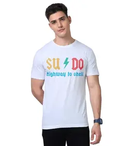 Print My Fashion Men's T-Shirt Regular Fit Round Neck Half Sleeve Combed Bio-Washed Cotton Sudo Highway to Shell Graphic Printed T Shirt for Men (White, M)