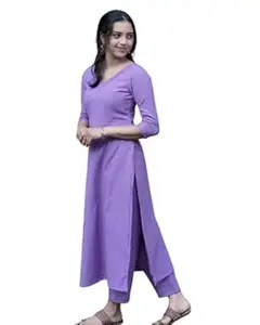 Hello Ladies Women's Cotton V-Neck Solid Straight Kurti with Pant