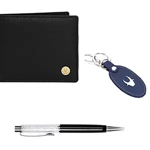 WildHorn Leather Wallet Keychain & Pen Combo for Men I Gift Hamper (GIFT2051+BLK S+BLU Kring)