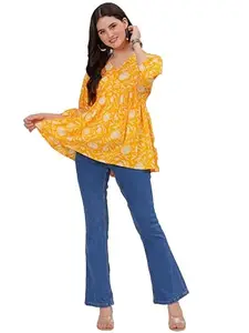 JALMALA's Cotton Yellow Anarkali Kurti: Printed Peplum Kurti/Top Pattern, V-Neck || Kurti, Kurta, Dress or Gown for Teenage Girls & Women (K68+K69+K70)-2