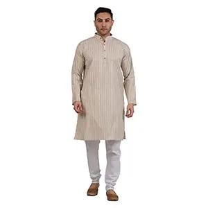Amazon Brand - Anarva Men's Cotton Linen Striped Kurta Pyjama Set in Beige [AKP103-48]