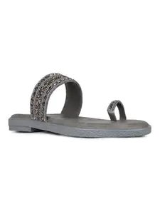 Inc.5 Womens Pewter Ethnic Embellished One Toe Flat Slip-On Sandals