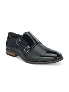 San Frissco Men's Formal Monks Shoes with Buckle Textured Letherette Double Strap Lace-Up Business Shoes for Office/Comfortable Footwear with Non-Slip TPR Sole for Wedding and Parties - 11 (Black)