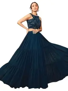 Women's Trending Designeer Georgette Embroidery work Lehenga Choli Stitched Blouse and Fit & Flare Style For Navrati || Wedding