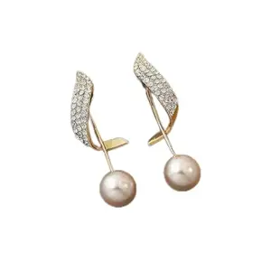 Rhinestone Twisted 2 Way Pearl Drop Korean Earrings Pair Metal Drops & Danglers